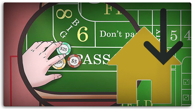 Up Close Focus of Pass Line on Craps Table, House Icon, Arrow Going Down