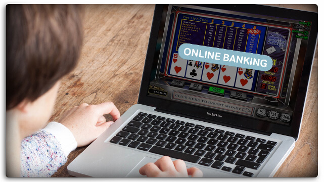 Woman on Laptop, Las Vegas USA Casino Bonus Poker Game on Screen, Online Banking Icon