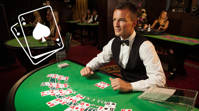 Casino Dealer at Blackjack Table, Blackjack Cards Spread Out, Icon of White Playing Cards