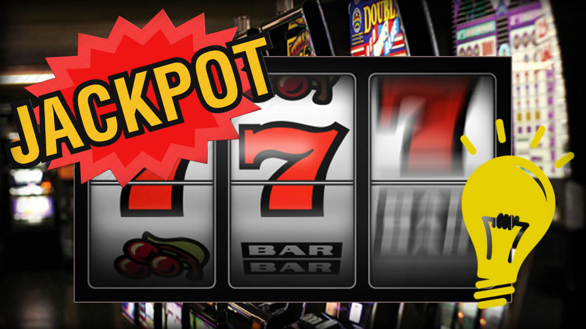 Row of Casino Slot Machines Background Image, Slot Reels Displaying 7, Jackpot Logo, Icon of Yellow Lightbulb