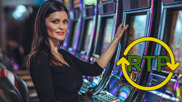 Woman Playing Slot Machine in Casino, Yellow Cycling Arrows in Circle, RTP Text in Green