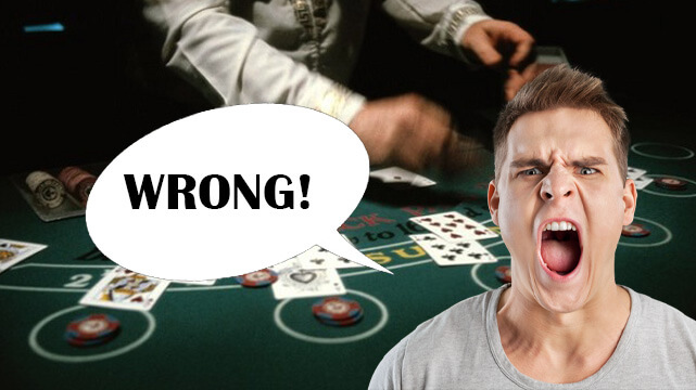 Casino Dealer Moving Around Blackjack Cards, Blackjack Table with Casino Chips, Speech Bubble Going Towards Guy Shouting Wrong