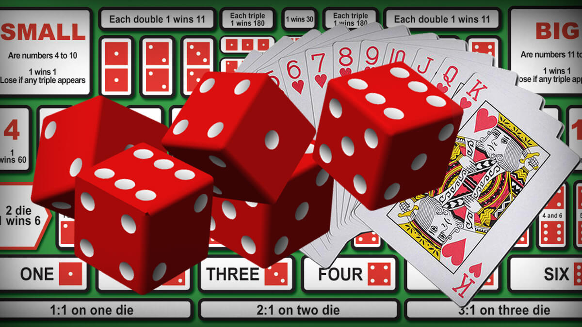 Sic Bo Table Layout, Red Dice, Poker Cards Laid Out