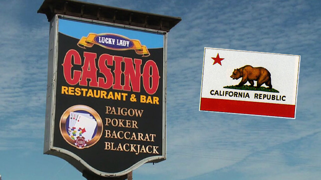 Lucky Lady Casino and Poker Card Room Sign, California State Flag