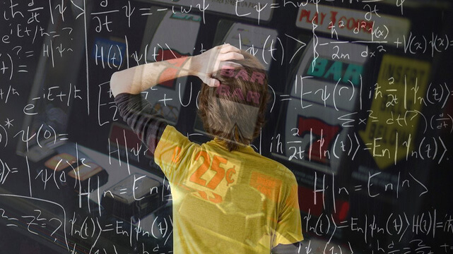 Guy Doing Math Problem, Casino Slot Machine Reels Faded in Background