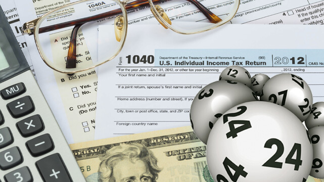 1040 Tax Form, Calculator, Money and Documents on Table, Keno Numbers