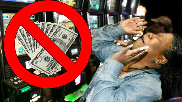 Lady Upset Playing Casino Slots, Red Banned Sign Over Money Spread