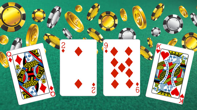 Four Poker Cards, Casino Chips and Coins