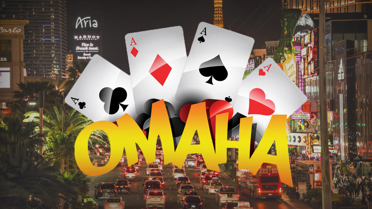 Omaha Poker Logo with Poker Cards, Las Vegas Strip at Night