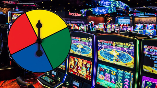 View of Slot Machines Inside Casino, Colored Probability Wheel