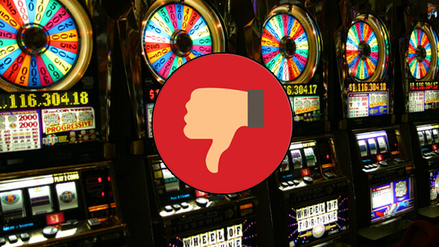 Row of Slot Machines in Casino, Red Icon with Thumbs Down