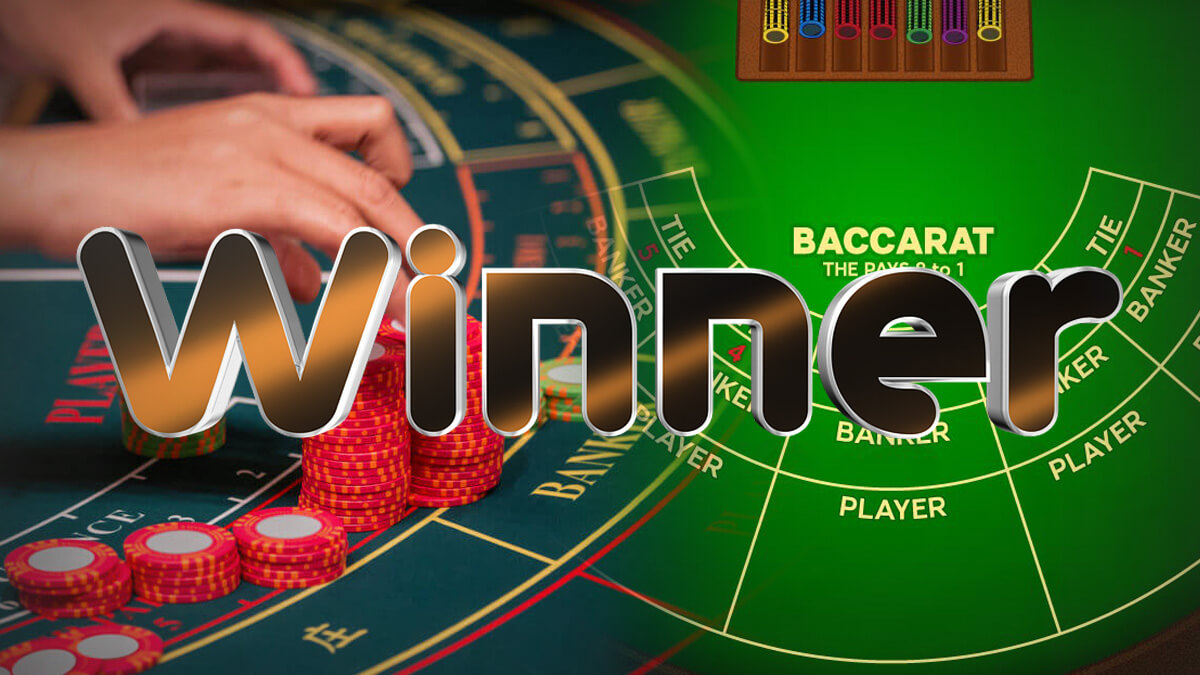 Hand Grabbing Casino Chips on Baccarat Table, Virtual Baccarat, Winner Text