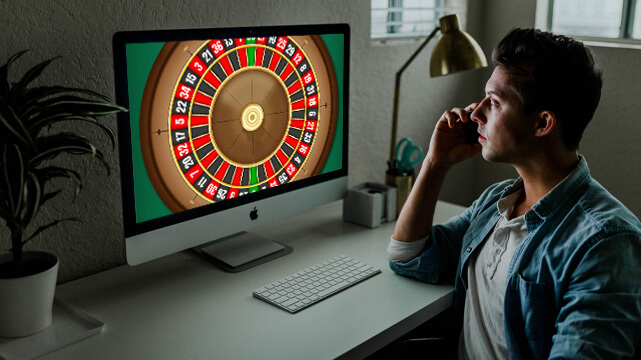 Guy Looking at Computer Screen Playing Online Roulette