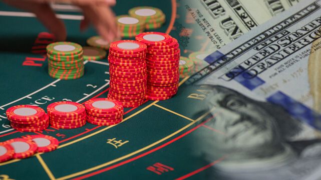 Casino Baccarat Table with Casino Chips, Hundred Dollar Bill