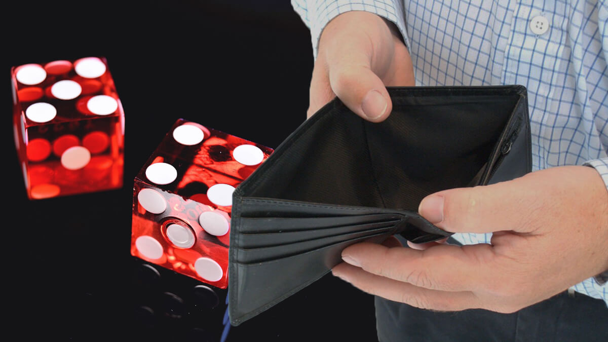 Two Red Casino Dice, Man Opening Empty Wallet