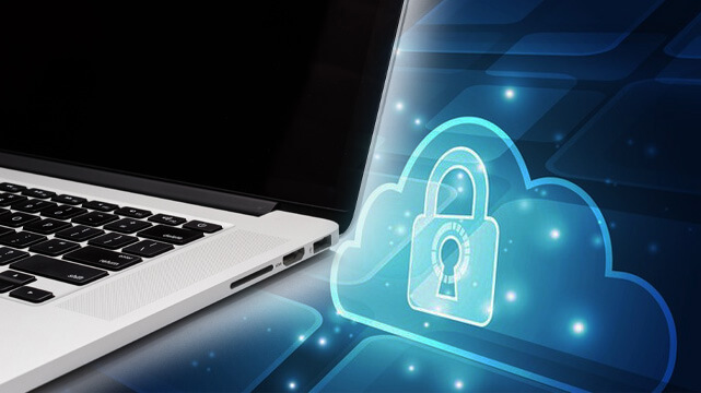 Laptop computer, cybersecurity lock and cloud 