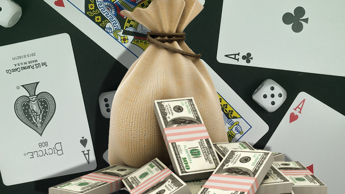 Bag of Money in Front of Cards and Dice