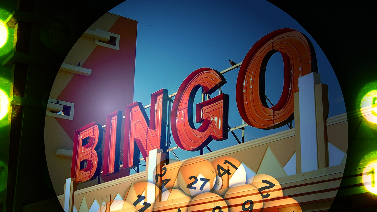 Bingo Sign Over Bowl of Bingo Balls