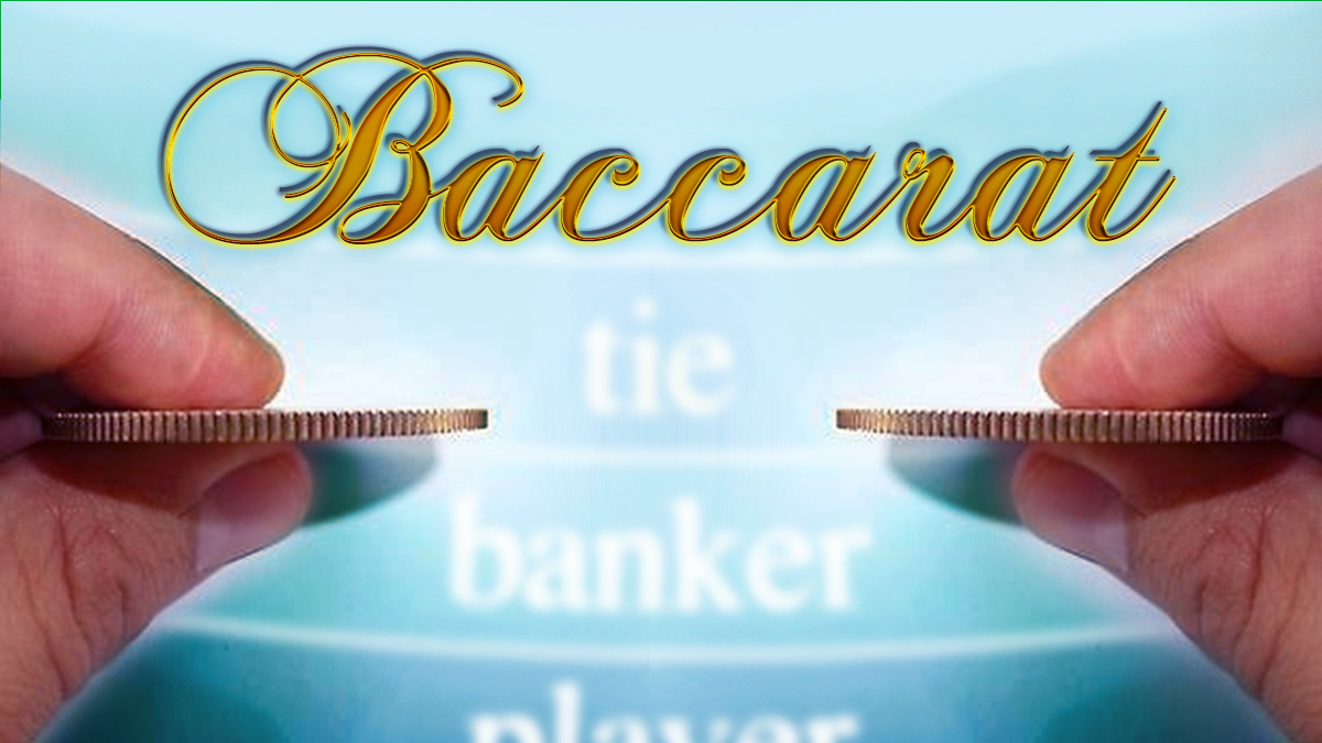 Baccarat Text in Gold Letters With Hands Holding Large Coins Sideways