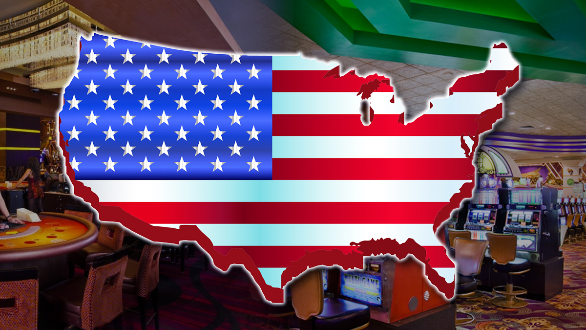 United States Map Filled in With the US Flag and a Casino Background