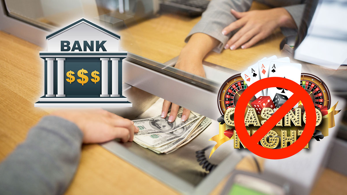 Bank Teller Interaction With a Casino Cross Out Graphic