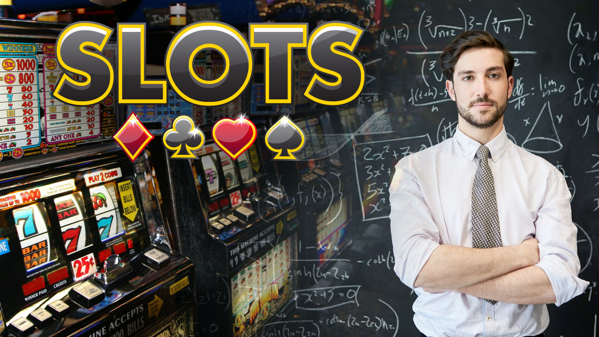 Man With Crossed Arms Standing in Front of Chalkboard On Right Row of Slot Machines On Let Behind The Word Slots