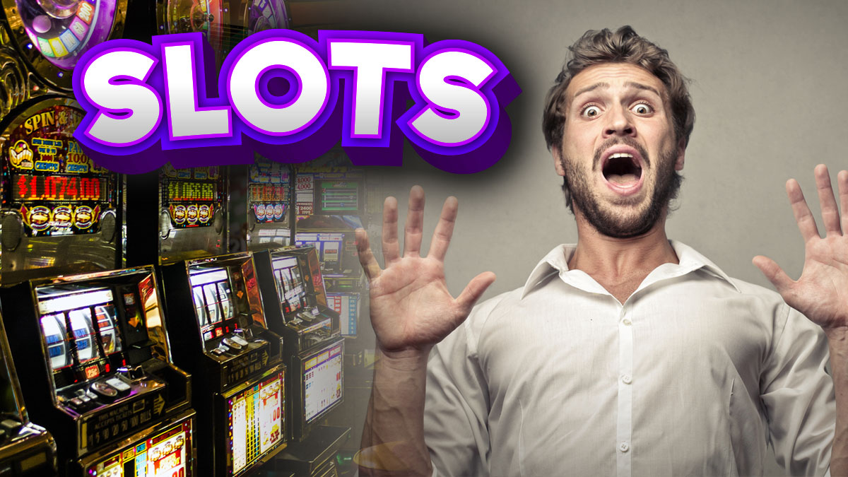 Row of Slots on Left Man Yelling on Right With Hands in The Air