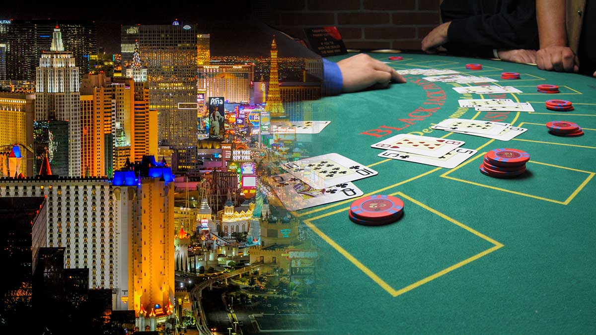 Overhead View of Las Vegas Strip On Left and Blackjack Table on Right