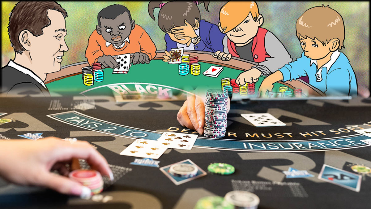 Cartoon of Kids Gamblingon Top Closeup of Blackjack Table on Bottom