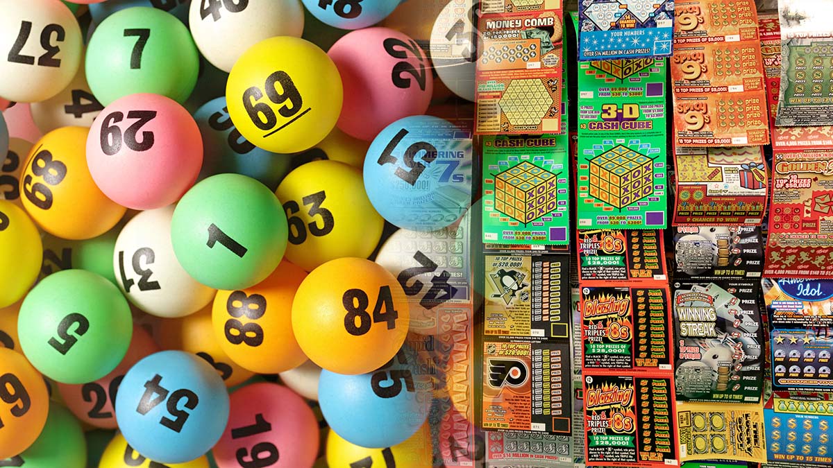 Lottery Balls on Left and Lottery Tickets on Right