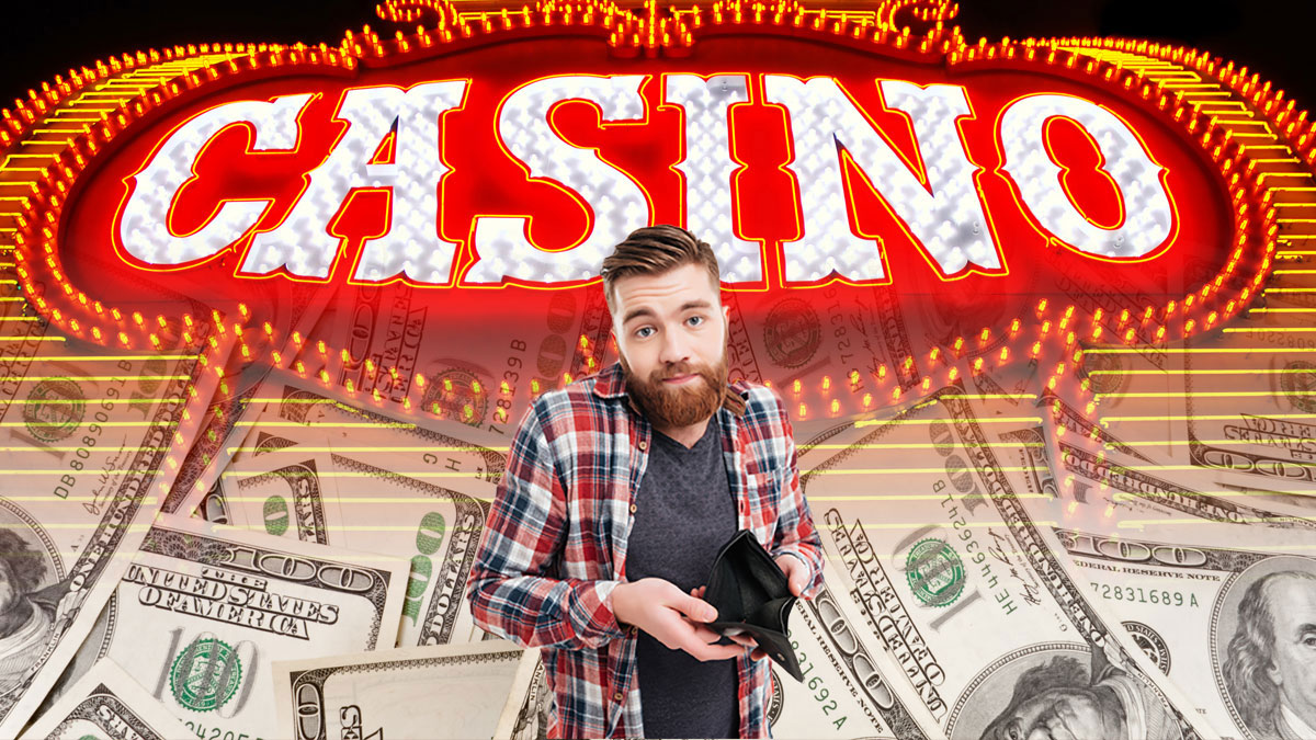 Man Holding an Empty Wallet In Front Of a Casino Sign And Money