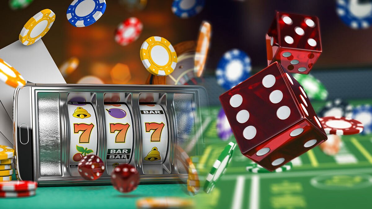 Chips DIce and a Slots Reel Screen on a Phone on Left Dice and Chips on Right