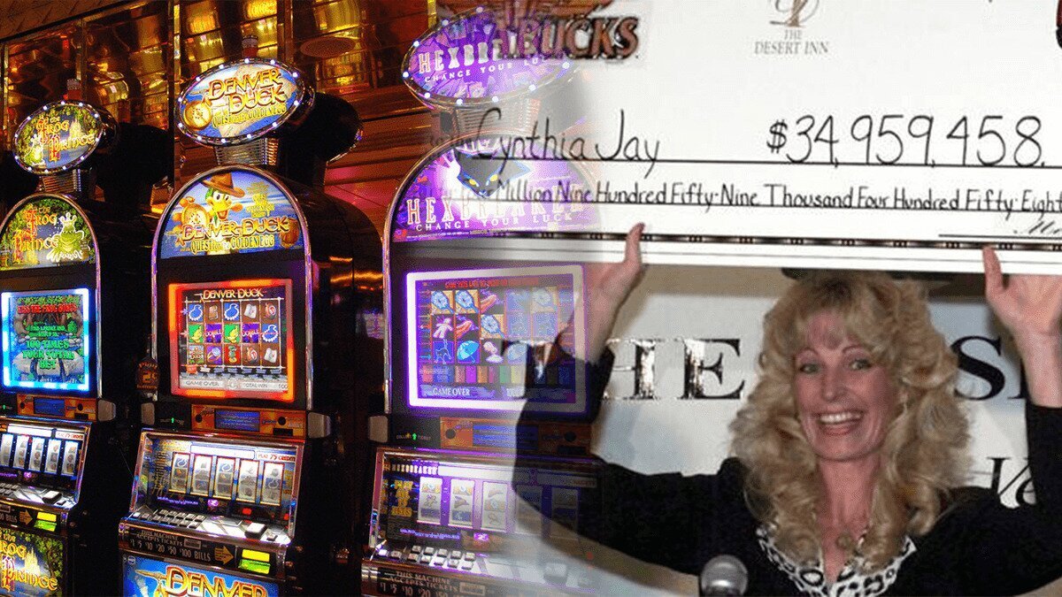 Row of Slot Machines on Left and a Woman Holding a Large Check on Right