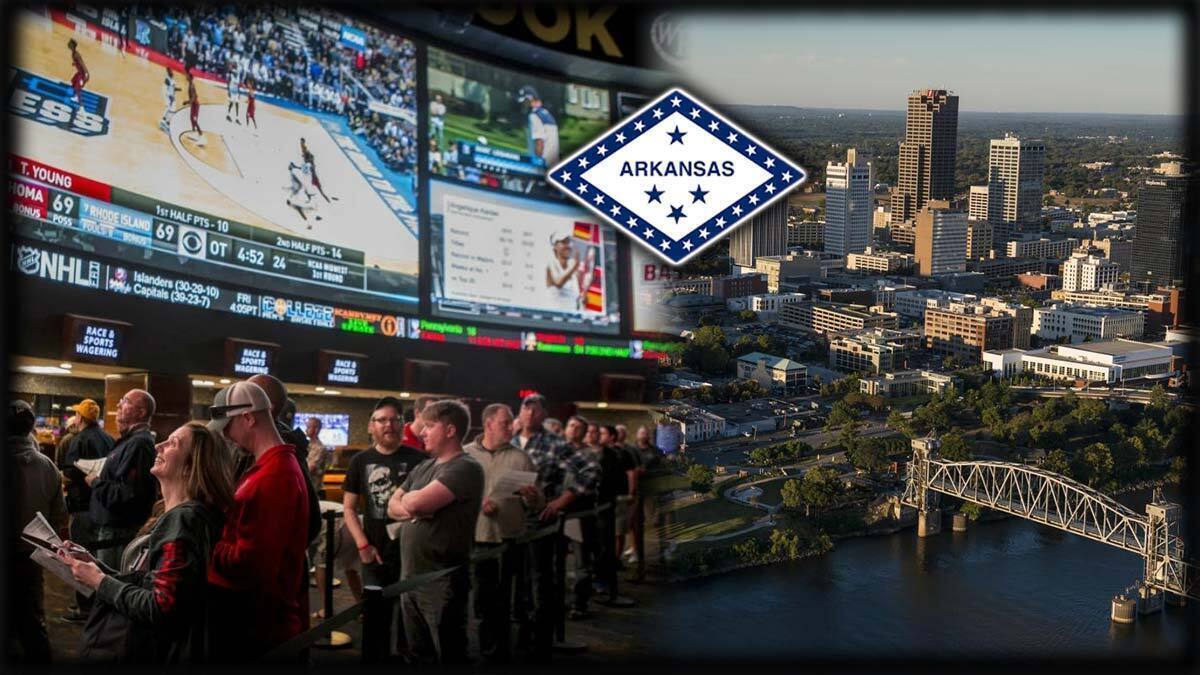 Busy Sportsbook Next to Arkansas Logo and City