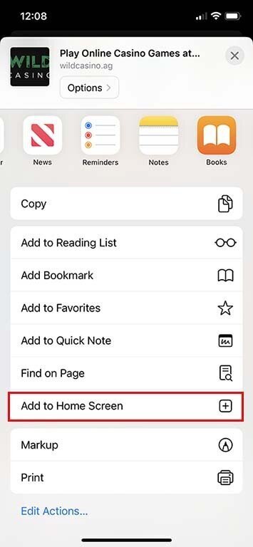 Screenshot from iPhone indicating how to add bookmark to mobile casino