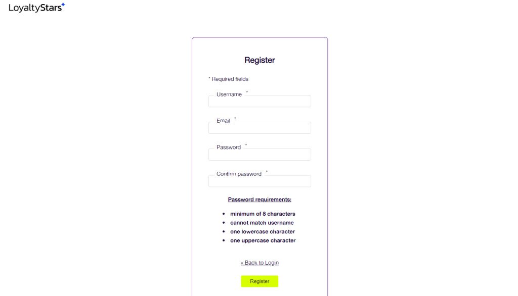 LoyaltyStars Signup Screen